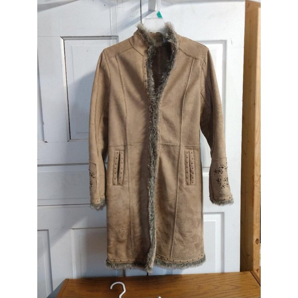 RuffHewn Womens Faux Suede & Fur Trimmed Coat Size S Beige